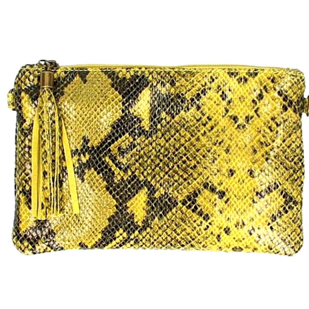 Snake Stamp Italian Leather Clutch-Yellow